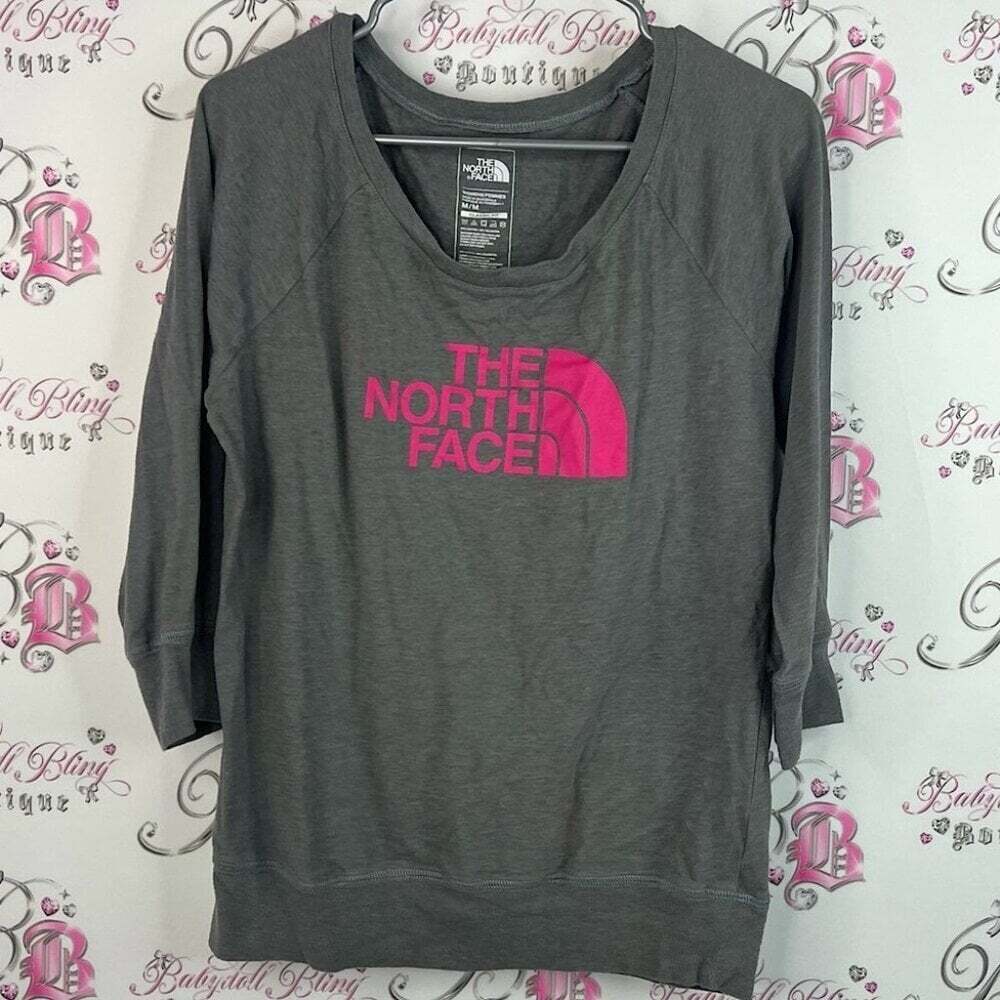 The North Face pull over top shirt Charcoal Top with Vibrant Pink Logo